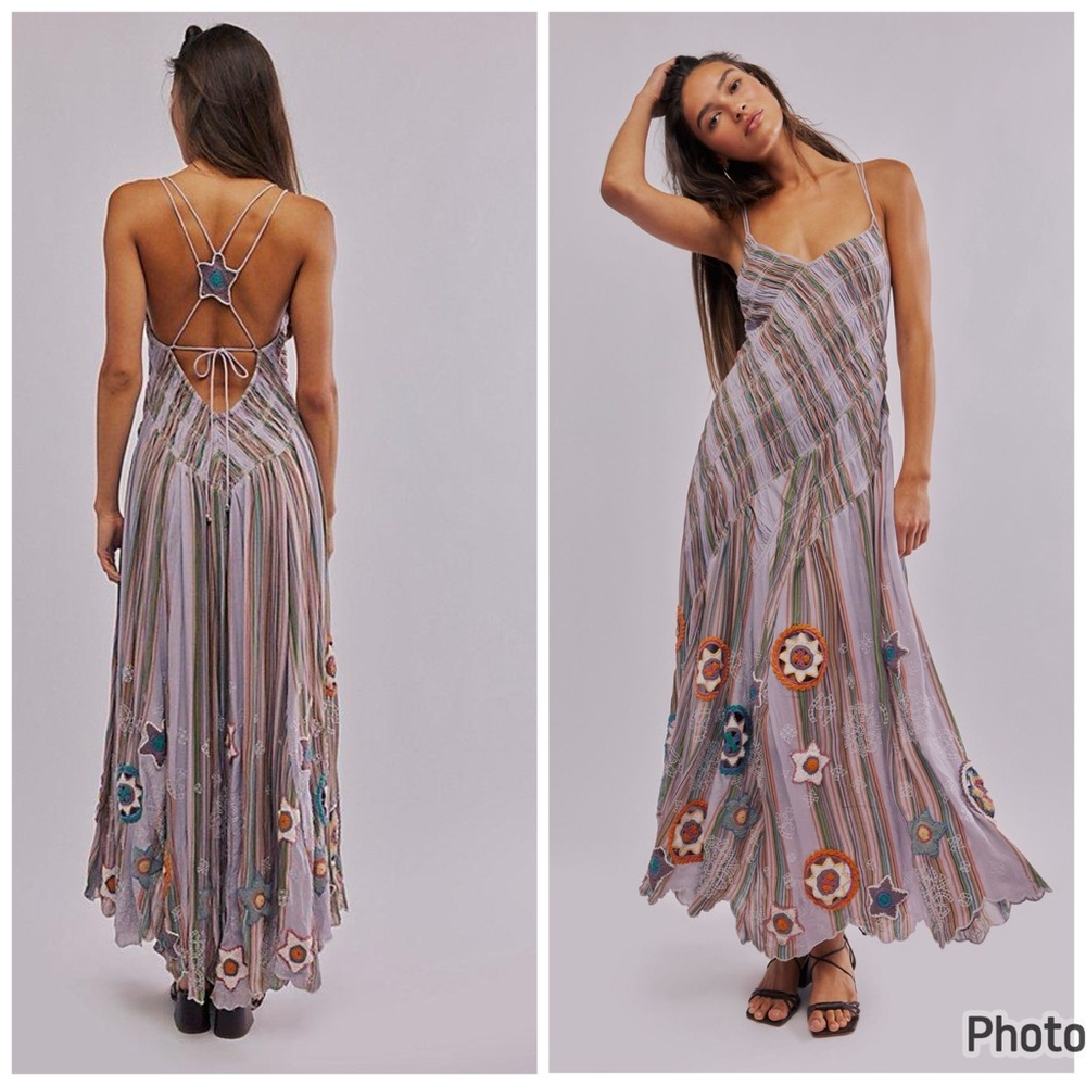 Free‎ People Shooting Star Maxi Dress Crochet Rainbow Bohemian Size Medium